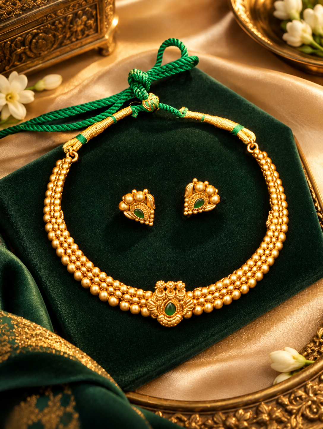 Traditional Gold-Tone Necklace Set with Green Stone Accents & Matching Earrings
