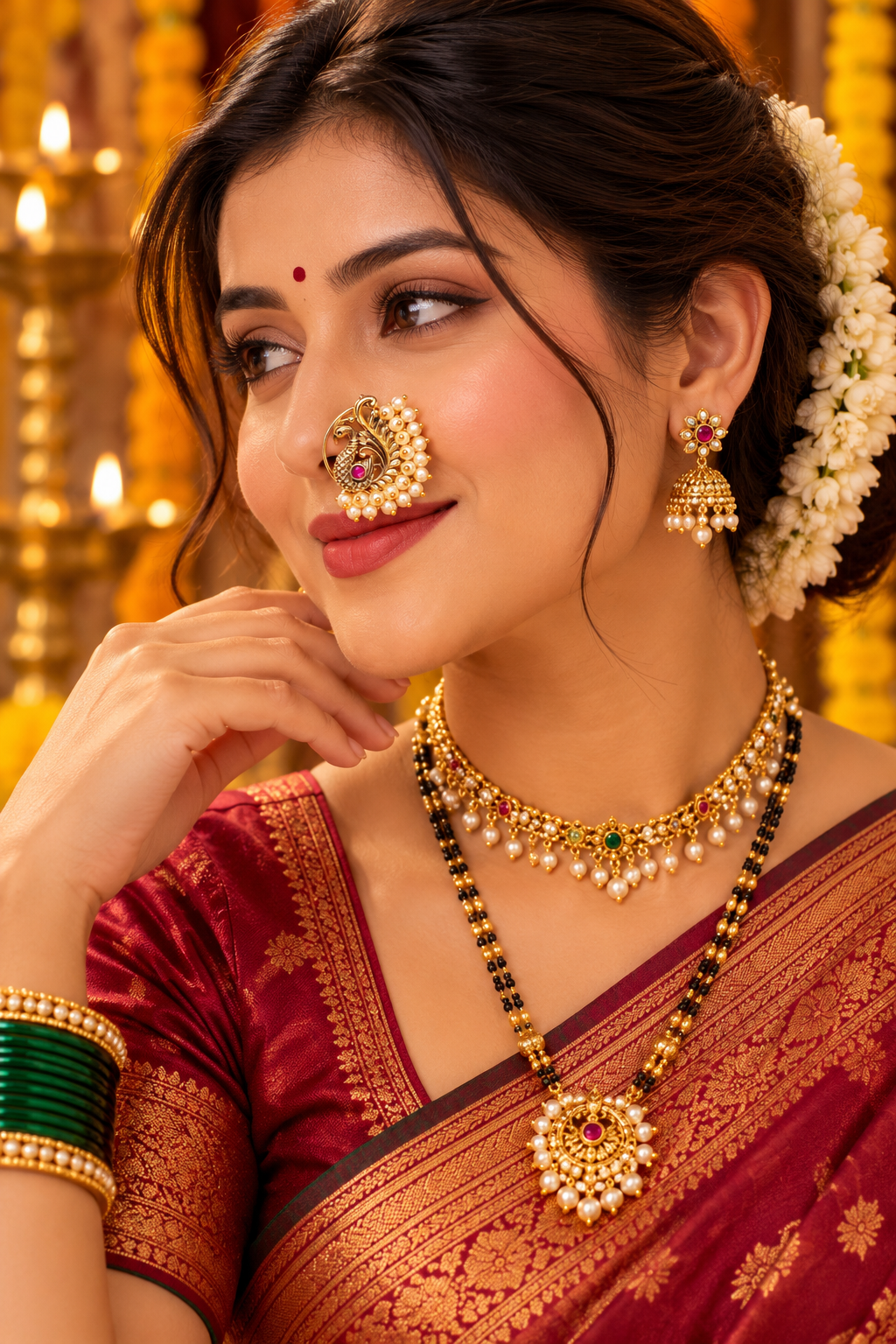 Traditional Peacock Pearl Press Nathani – Gold Tone