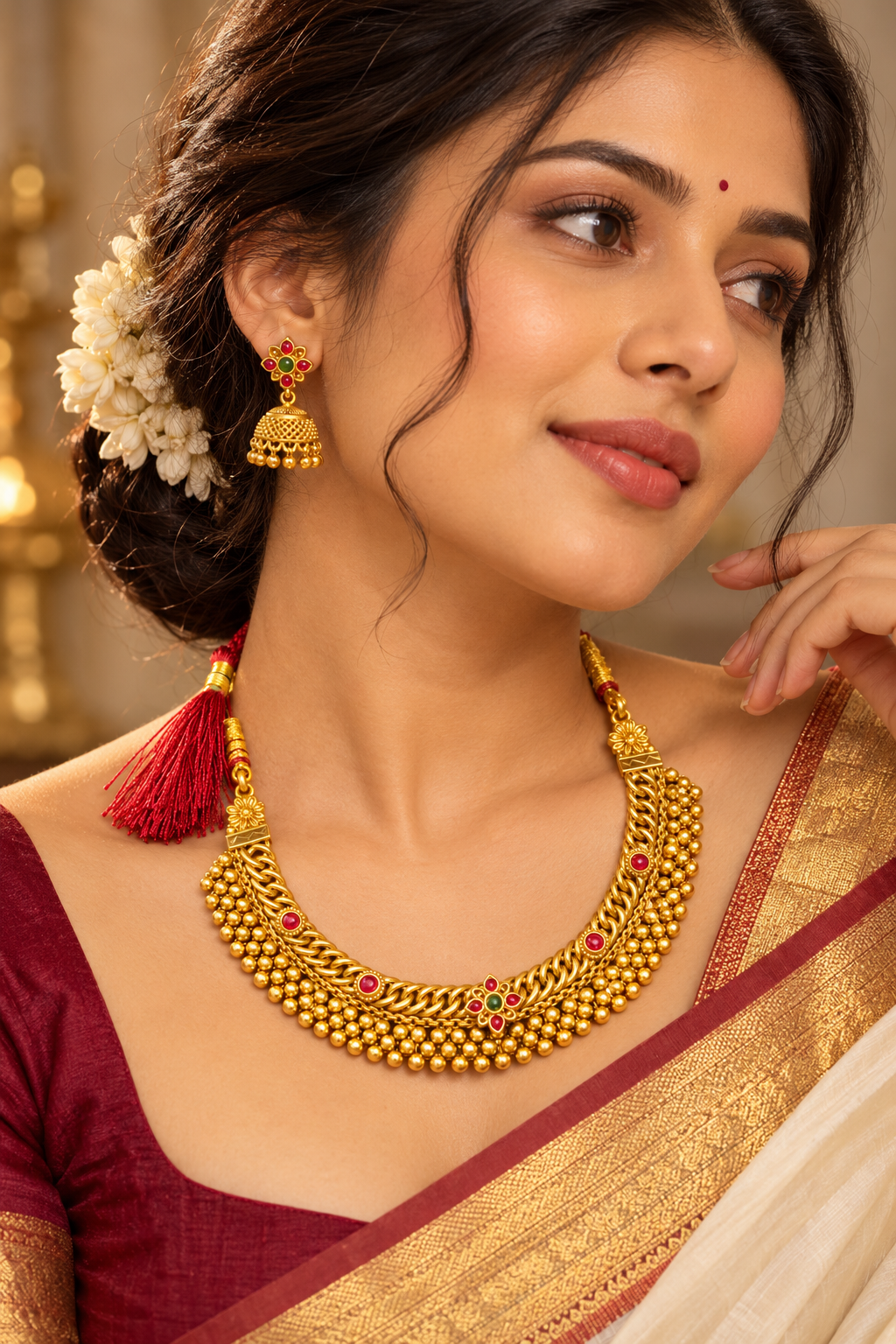 Traditional Gold-Tone Necklace Set with Multicolour Stones & Jhumka Earrings