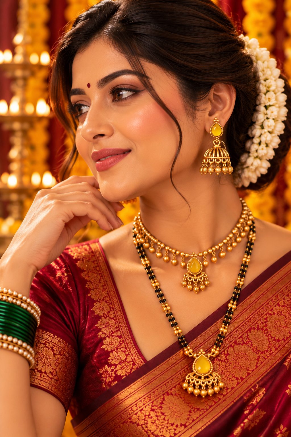Gold-Tone Jhoomka Earrings with Yellow Teardrop Stones