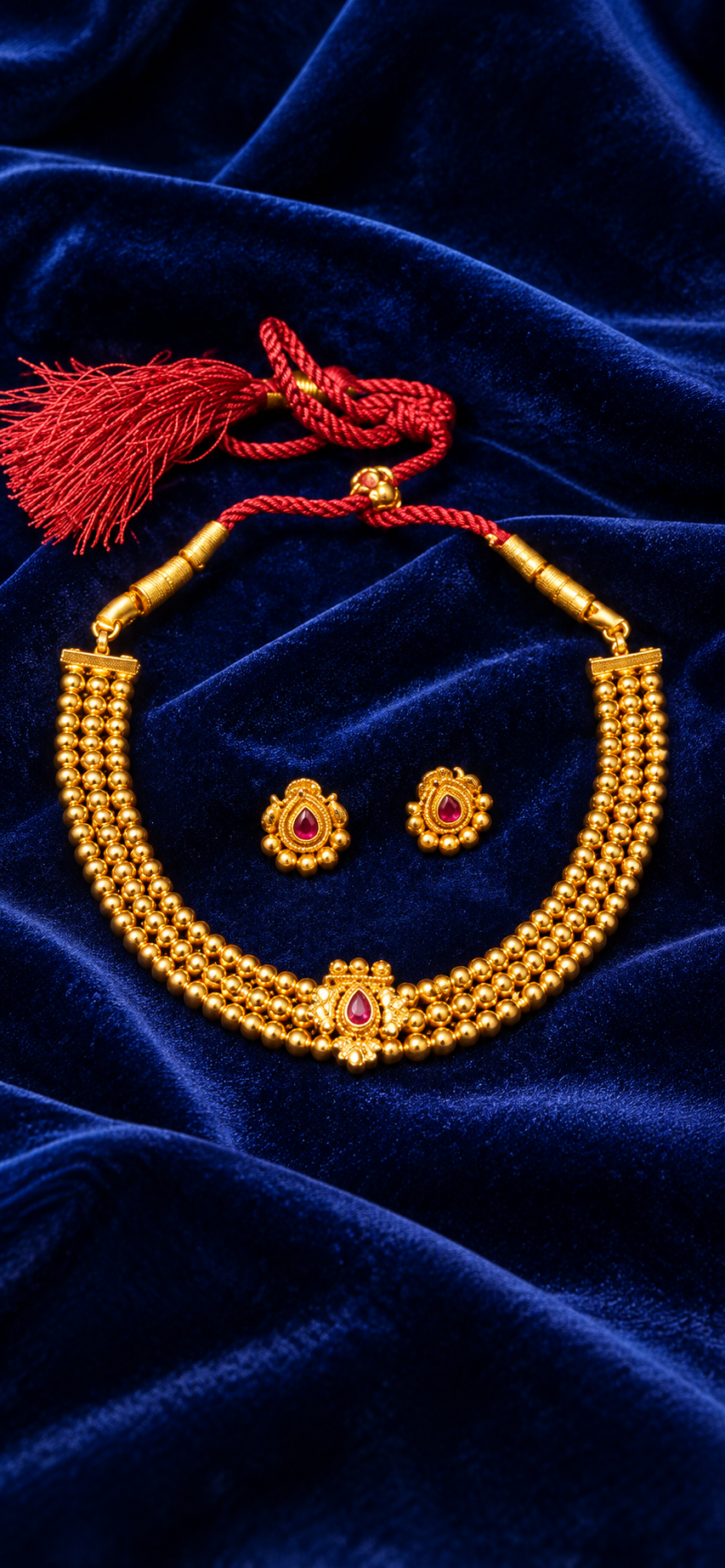 Traditional Gold-Tone Pearl Bead Necklace Set with Red Stone Accents