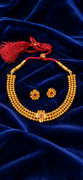 Traditional Gold-Tone Pearl Bead Necklace Set with Red Stone Accents
