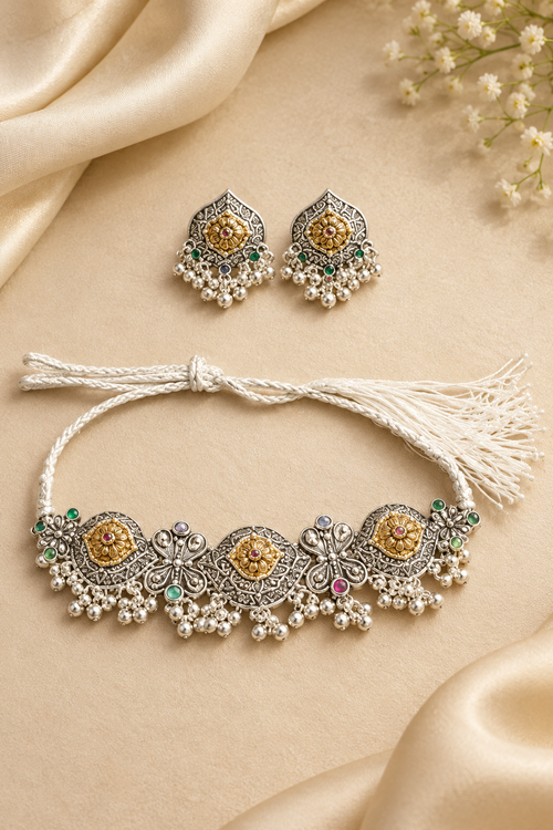 Oxidised Silver Necklace Set with Multicolour Stones & Pearl Bead Drops
