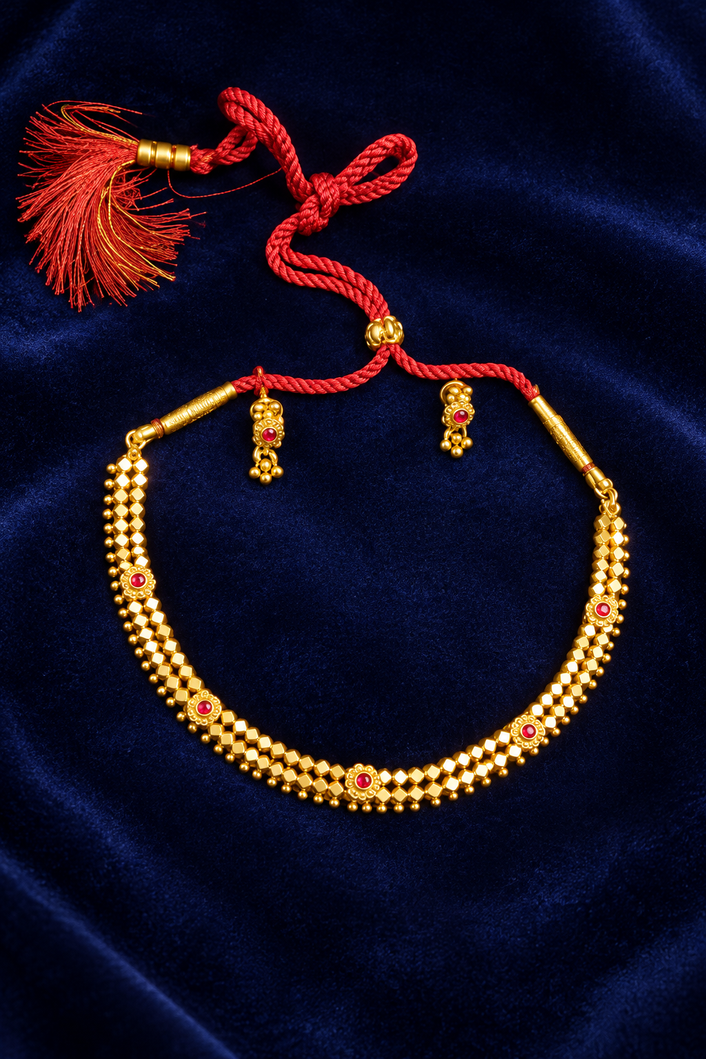 Traditional Gold-Tone Necklace with Red Stone Accents & Red Dori