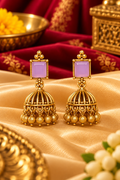 Gold-Tone Jhoomka Earrings with Lavender Square Stones