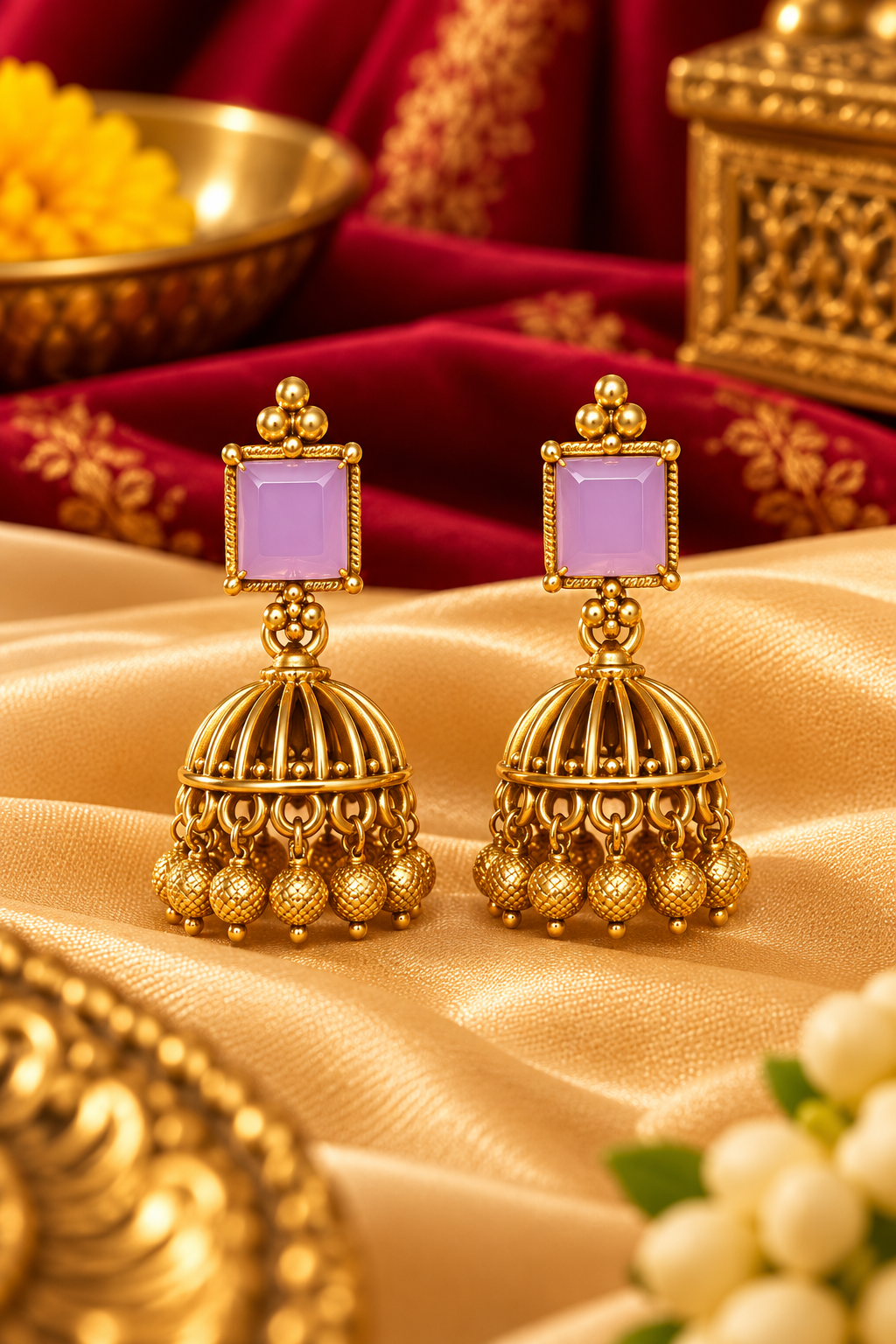 Gold-Tone Jhoomka Earrings with Lavender Square Stones