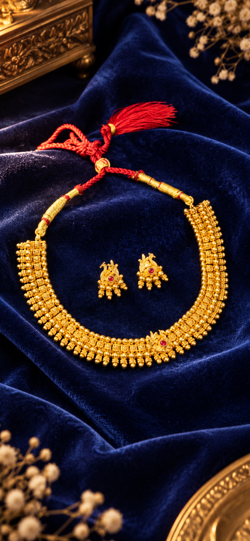 Traditional Gold-Tone Multi-Row Necklace Set with Red Stone & Matching Earrings