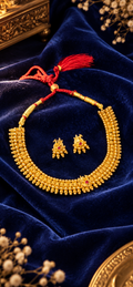 Traditional Gold-Tone Multi-Row Necklace Set with Red Stone & Matching Earrings
