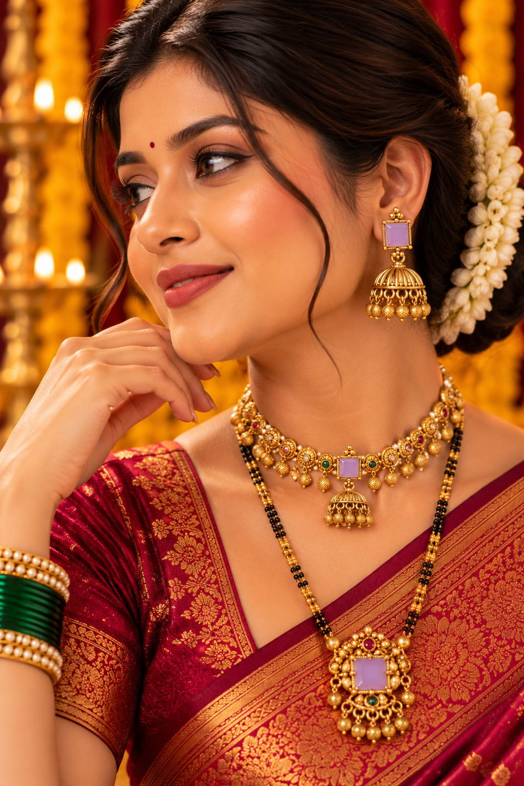 Gold-Tone Jhoomka Earrings with Lavender Square Stones