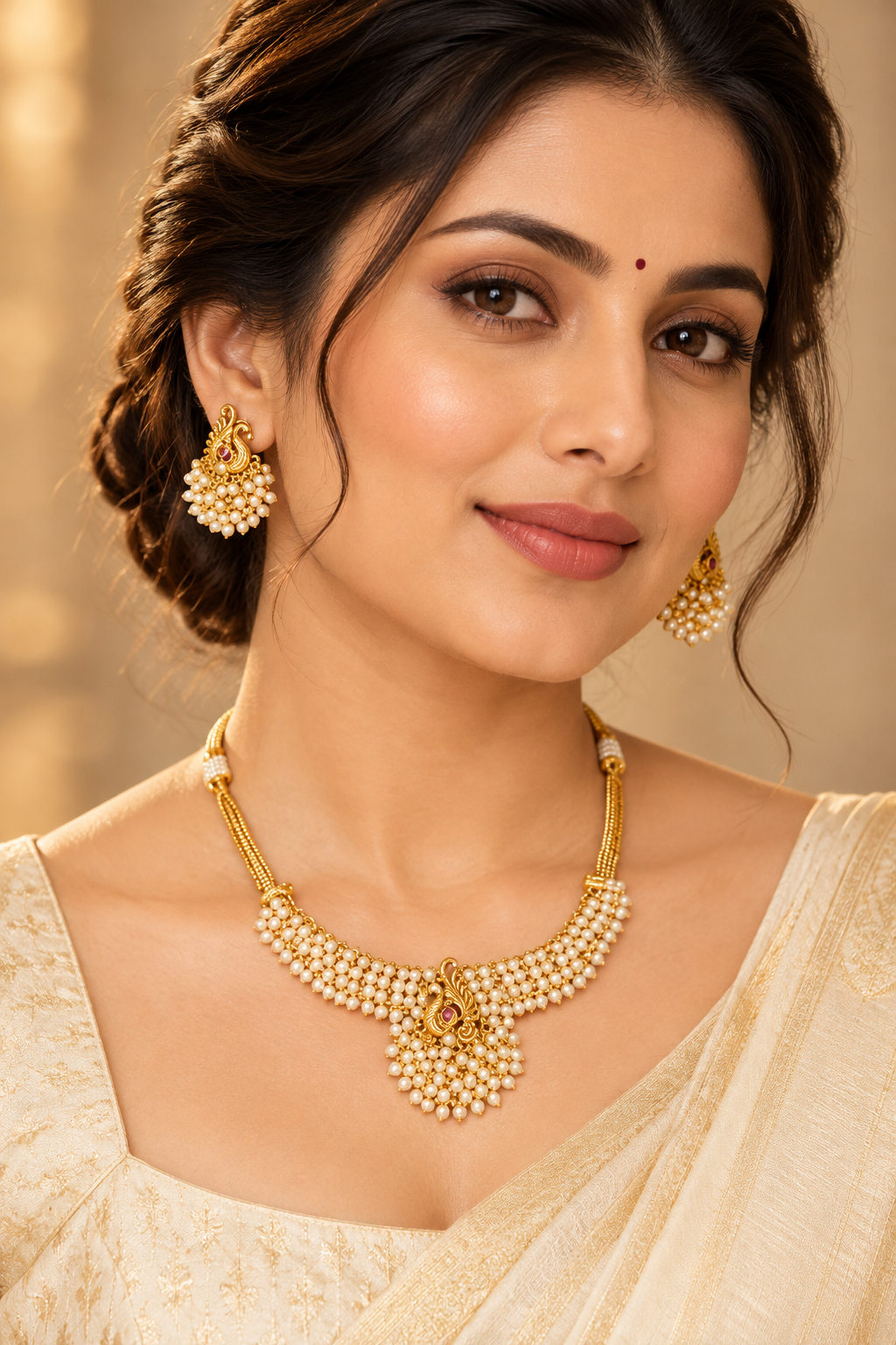 Traditional Gold-Tone Pearl Necklace Set with Matching Earrings