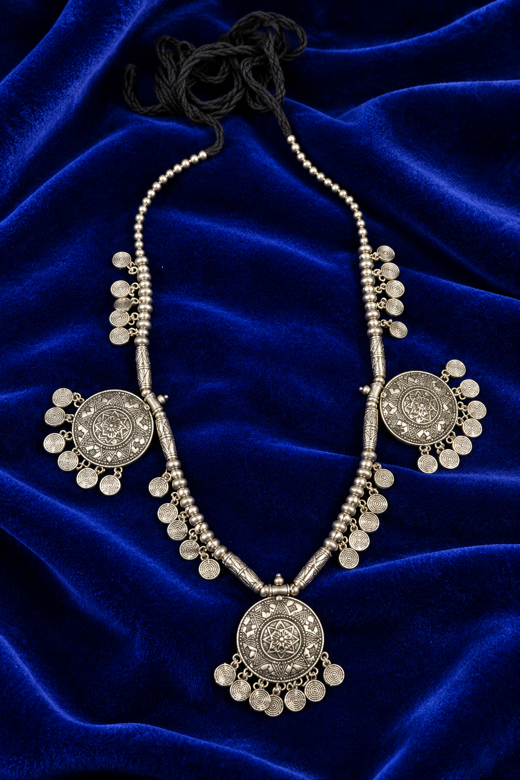 Oxidised Silver Tribal Necklace with Intricate Coin Pendant Design