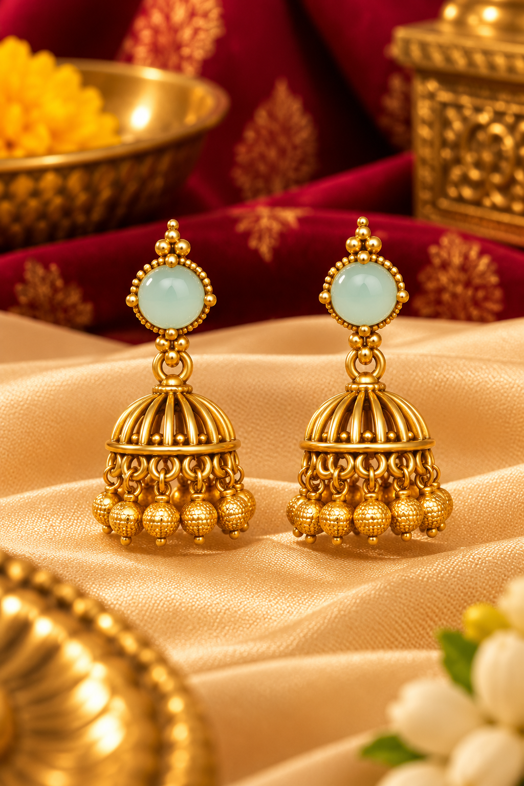 Gold-Tone Jhoomka Earrings with Mint Green Stones