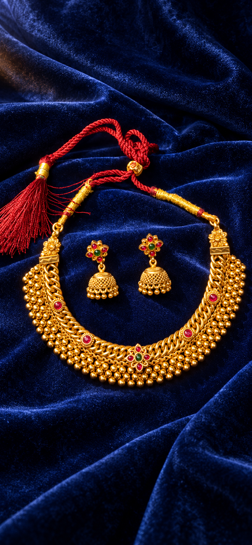 Traditional Gold-Tone Necklace Set with Multicolour Stones & Jhumka Earrings