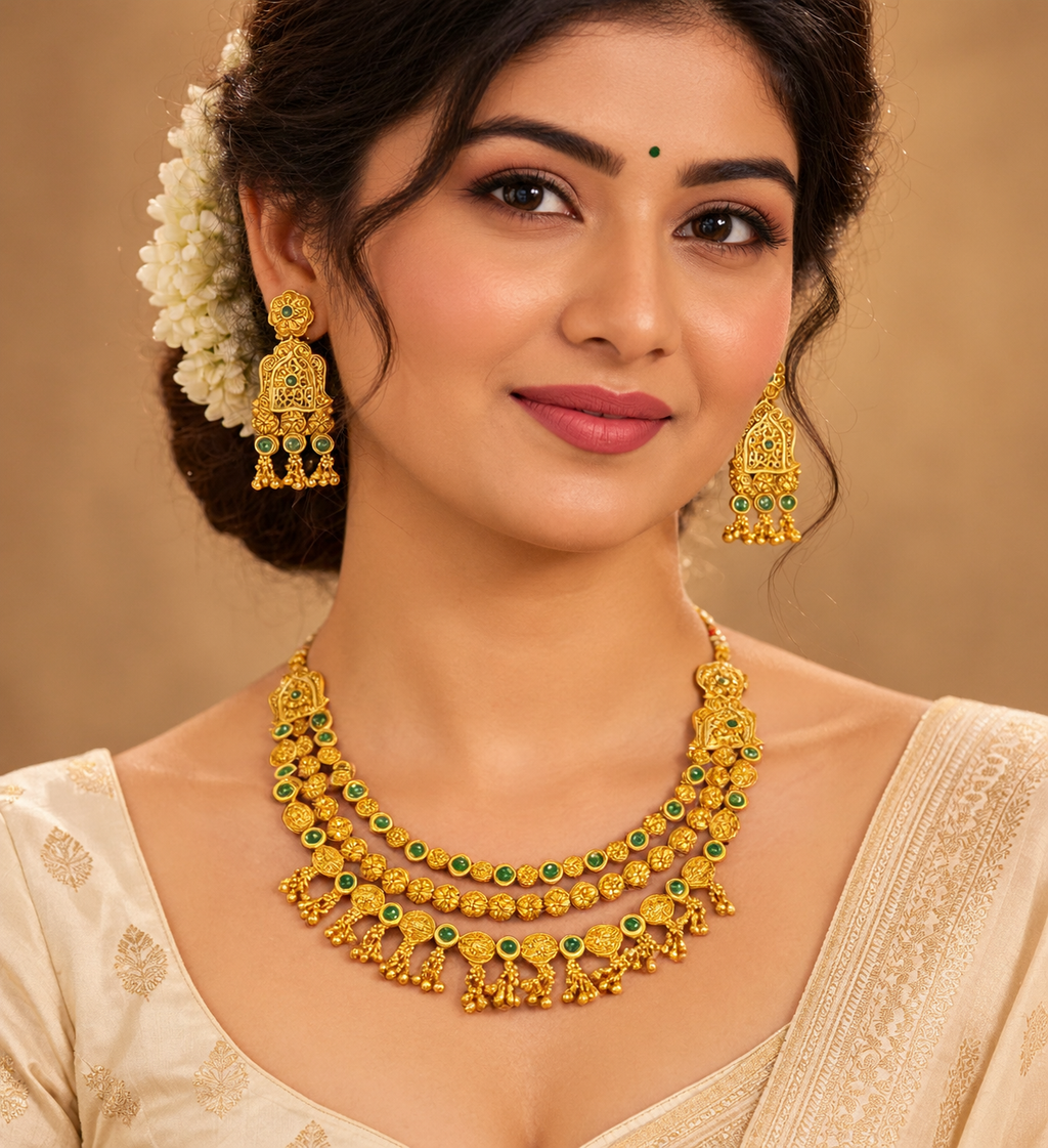 Traditional Gold-Tone Necklace Set with Green Stone Accents & Matching Earrings