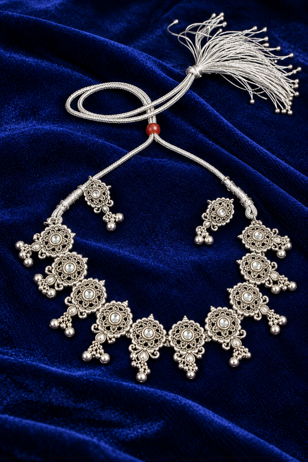Oxidised Silver Floral Necklace Set with Matching Earrings
