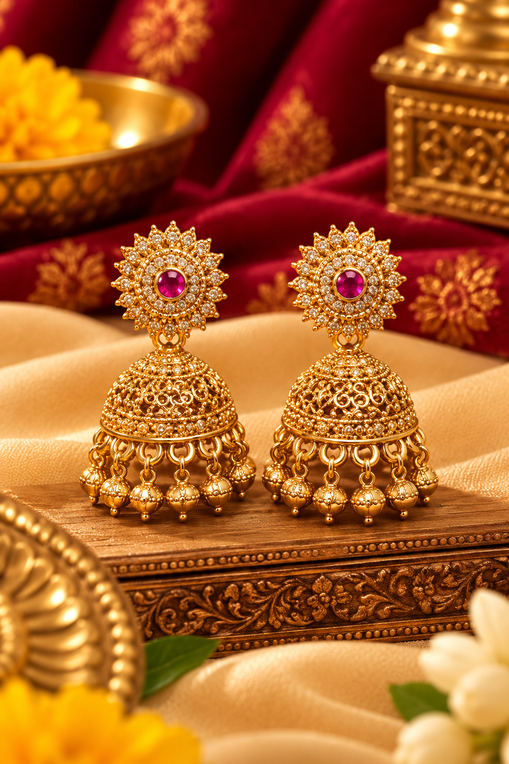 Gold-Tone Floral Jhoomka Earrings with Pink Stones