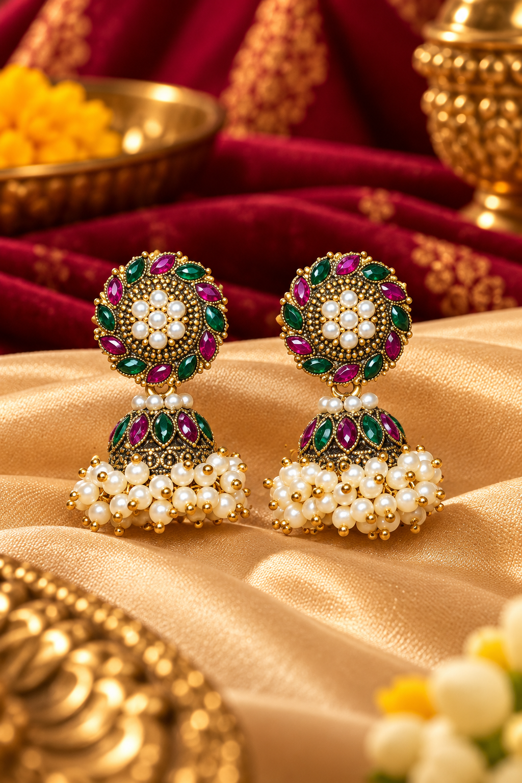 Gold-Tone Multicolour Jhoomka Earrings with Pearl Drops