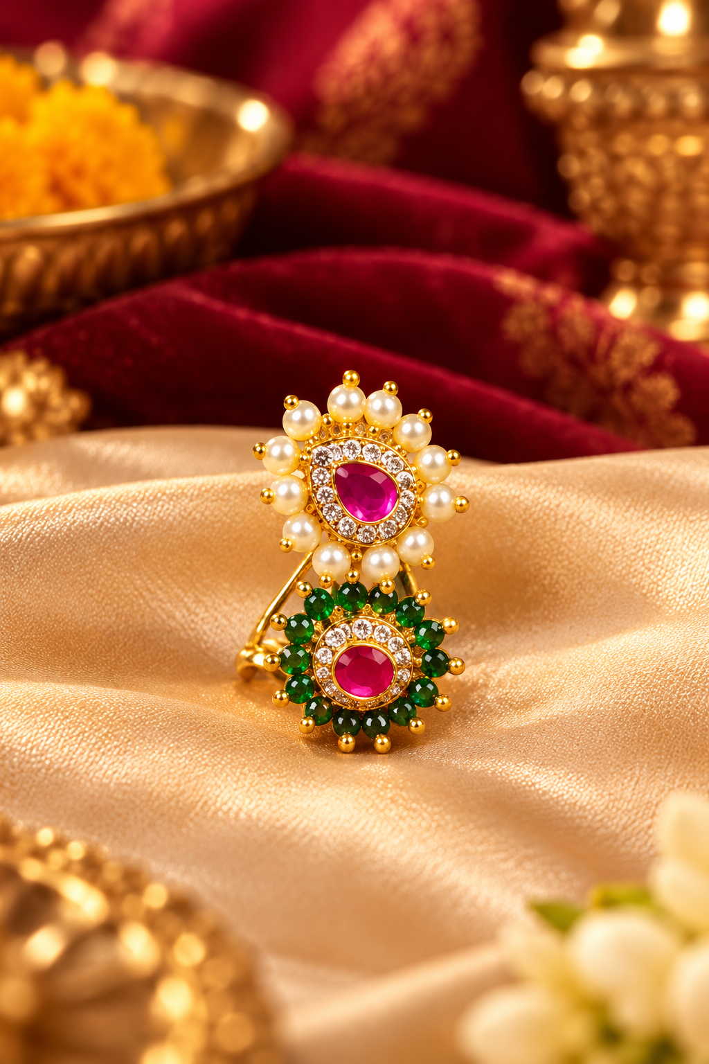 Traditional Press Nathani with Ruby-Pink Stones, Green Accents & Pearl Detailing